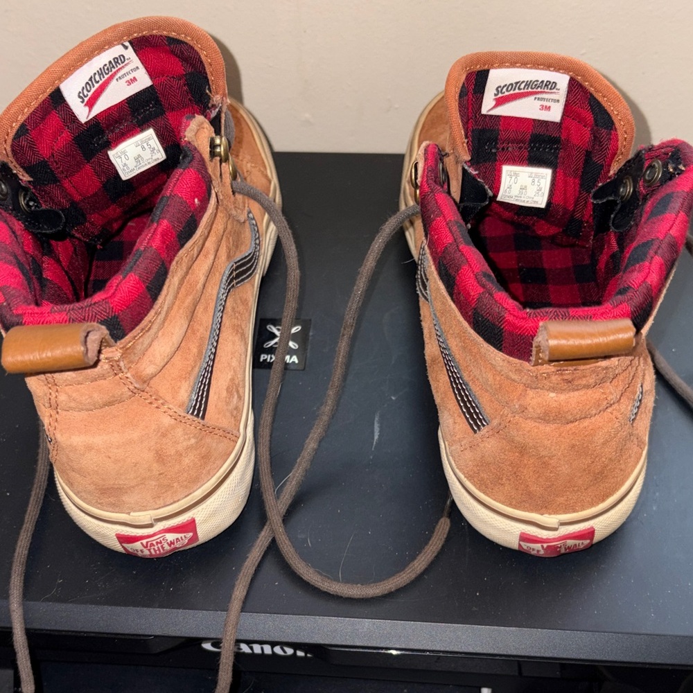 Vans Tan Suede High-Top Sneakers with Red Plaid Lining